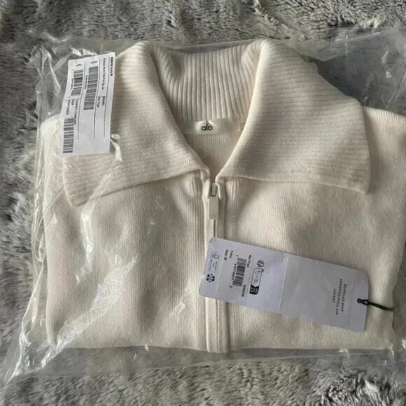 NWT ALO Scholar Knit Cropped Full Zip Jacket ivory size M - Picture 3 of 8